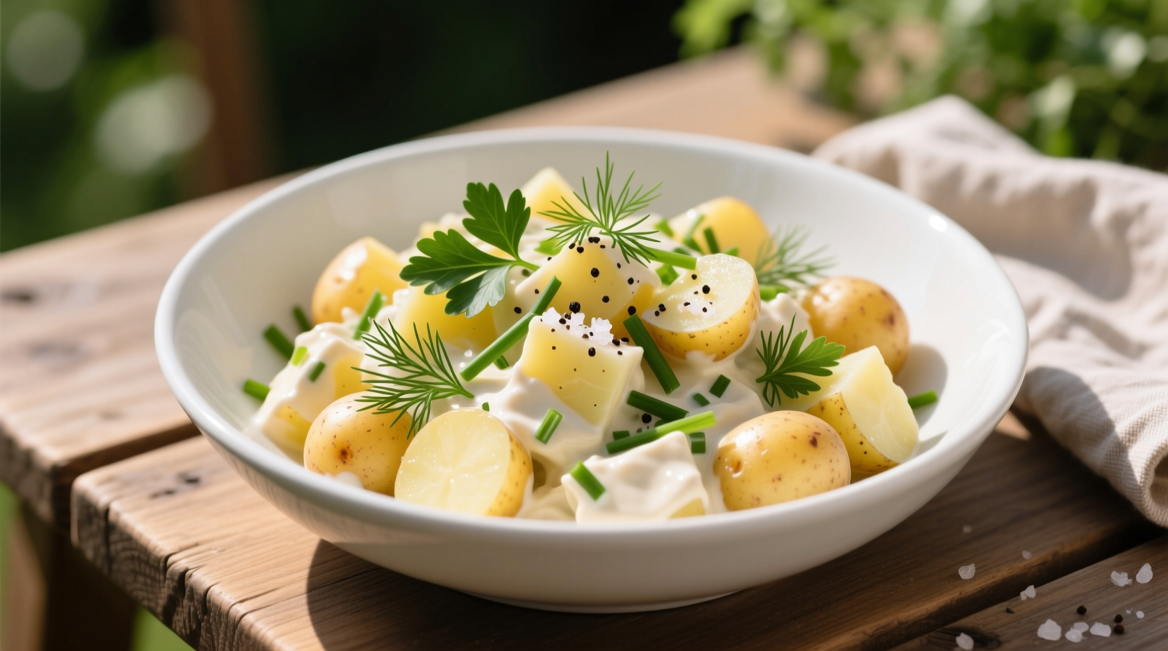 Creamy egg-free potato salad in white bowl with fresh herbs