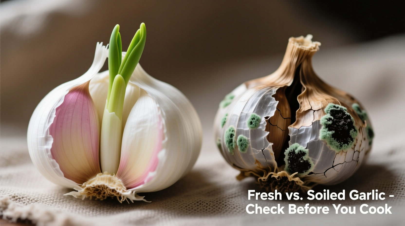 Close-up of fresh versus spoiled garlic cloves comparison