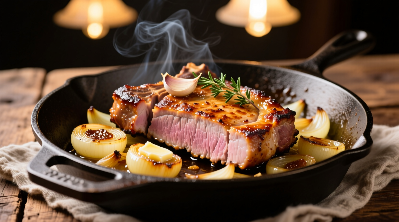 Golden French onion pork chops in cast iron skillet