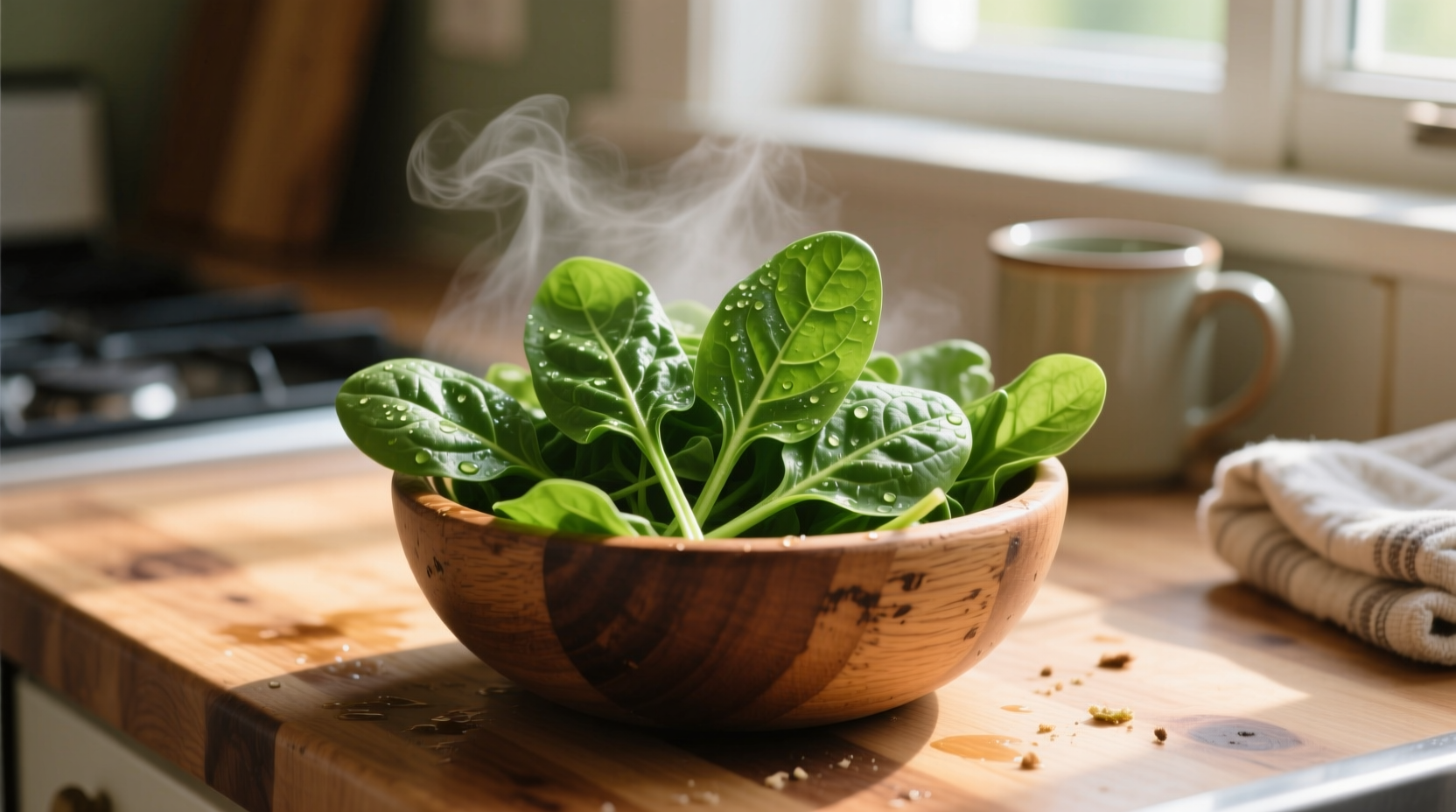 Fresh spinach leaves in a wooden bowl on kitchen counter