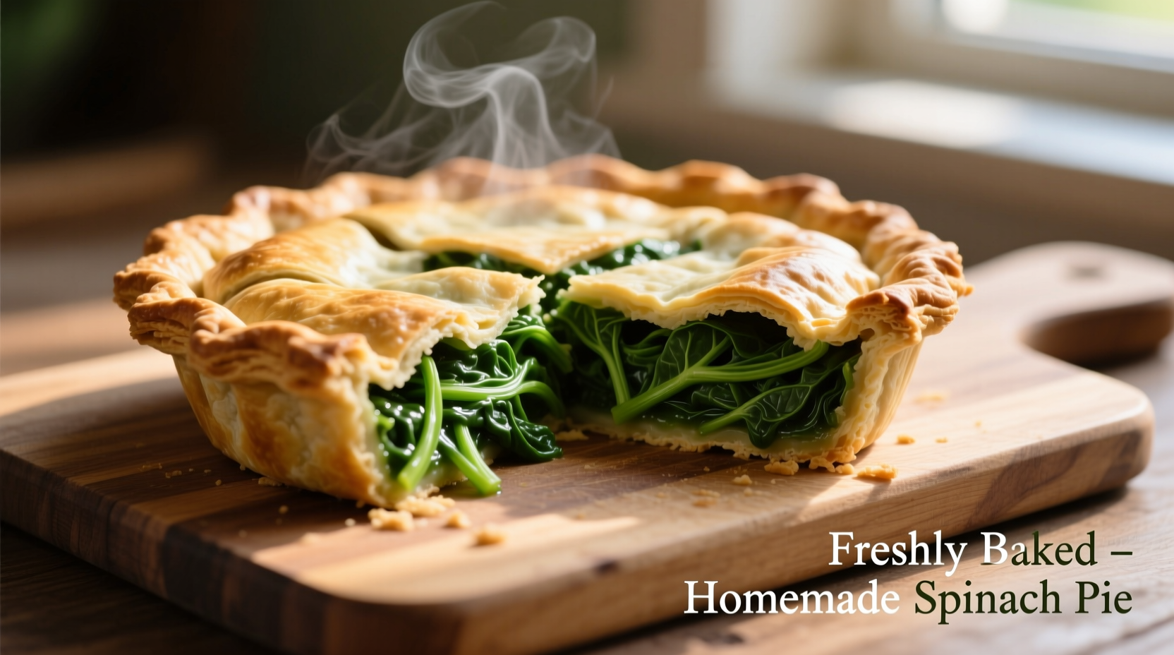 Homemade spinach pie with golden crust and visible spinach filling