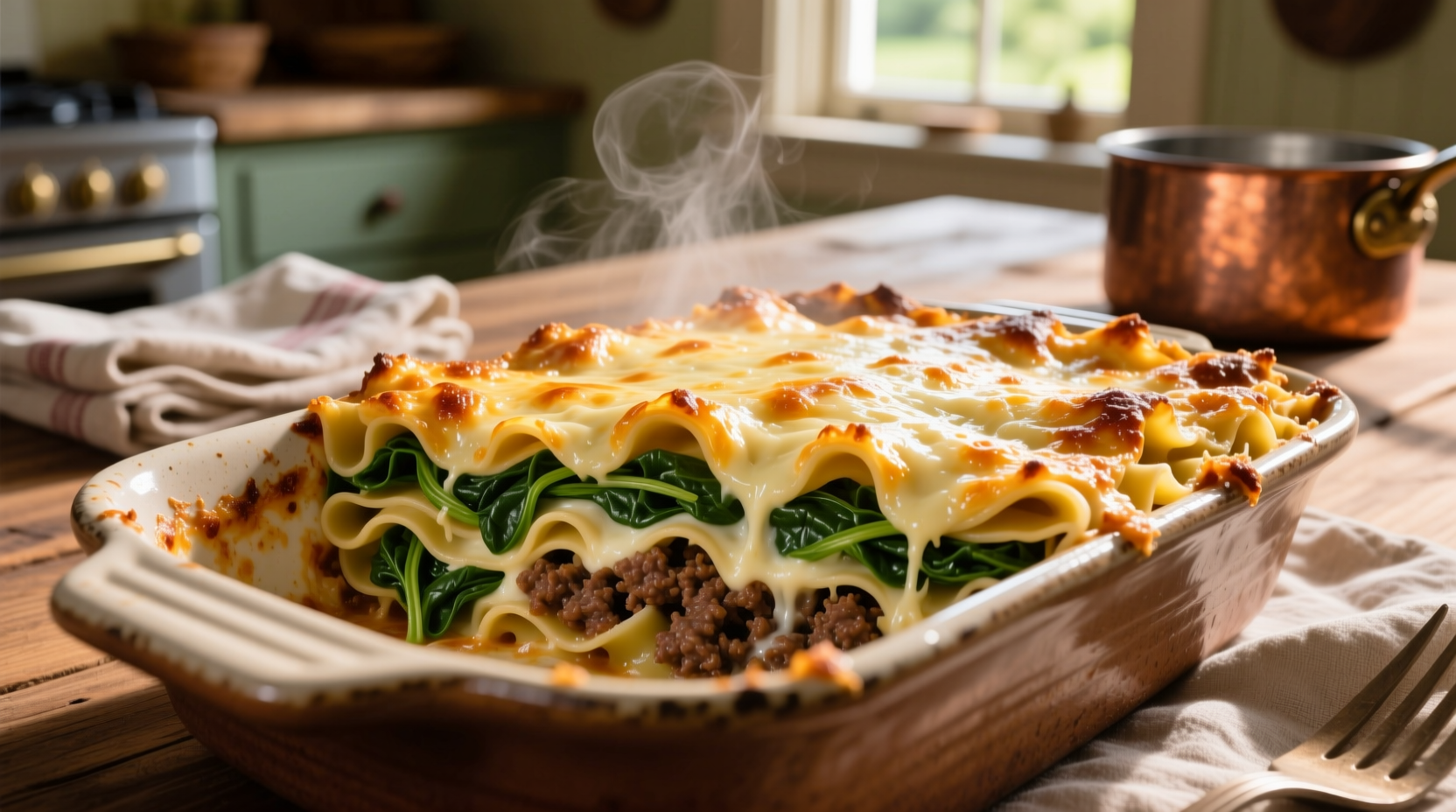 Layered spinach meat lasagna with golden cheese crust