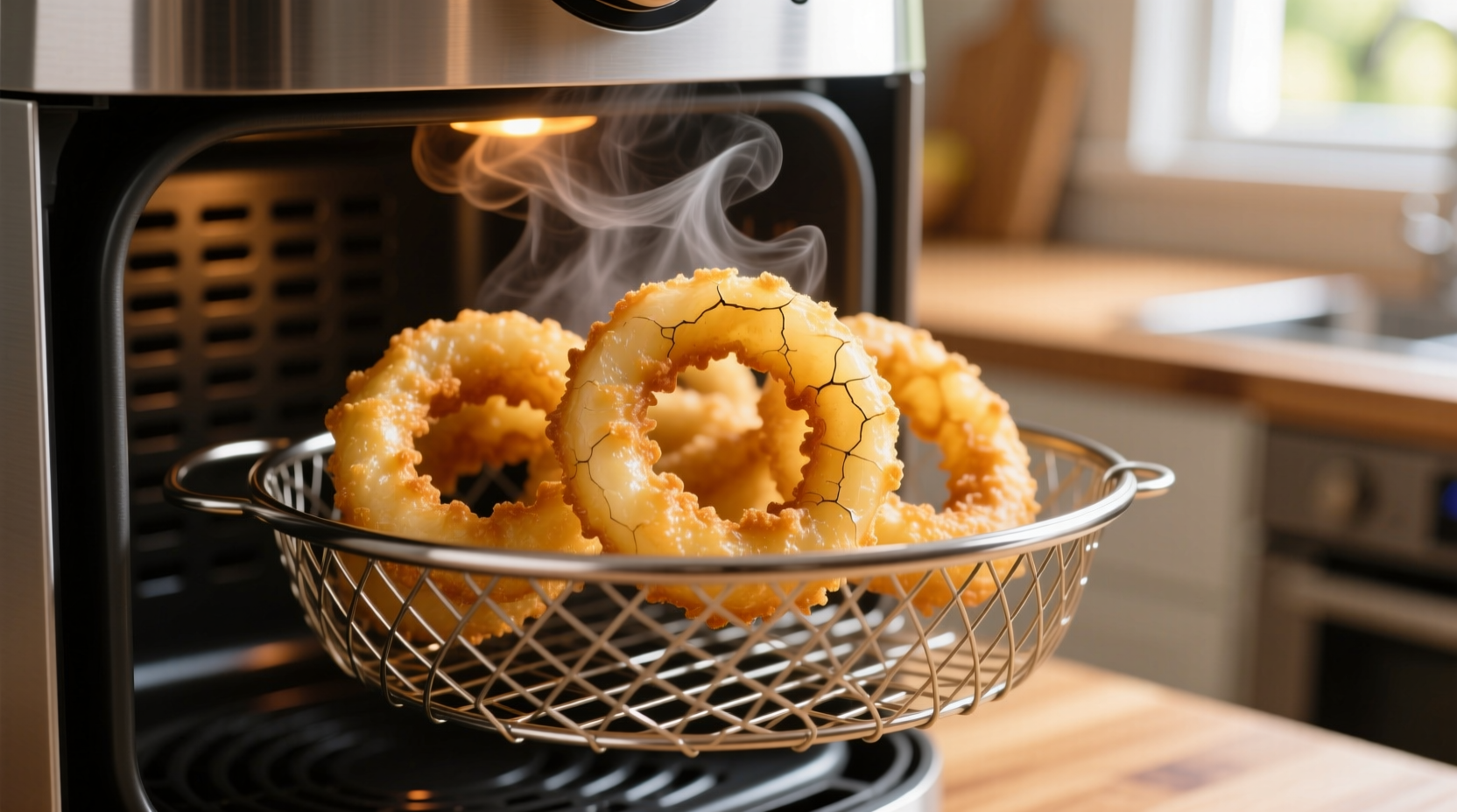 Golden brown onion rings in air fryer basket