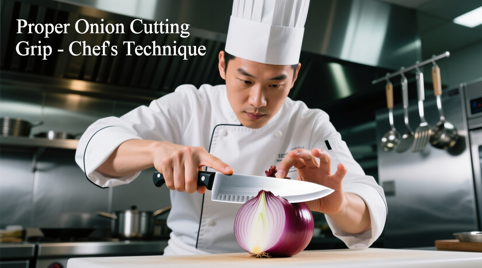 Professional chef demonstrating proper onion cutting grip