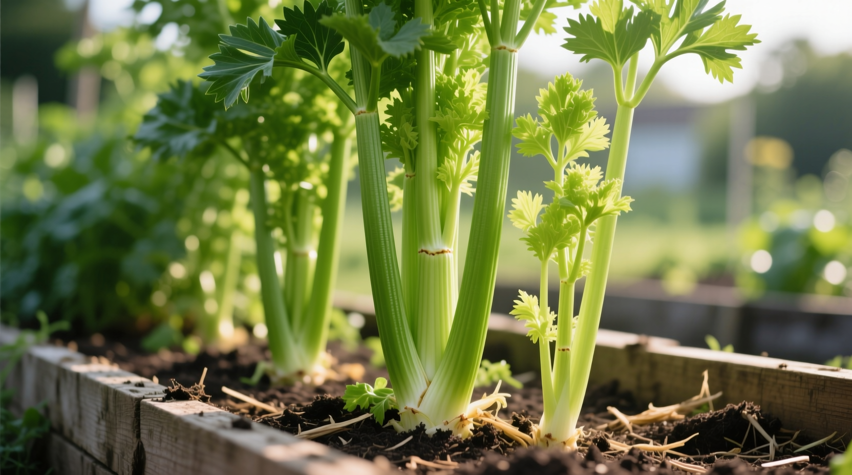 Celery plants growing in garden with visible stalk development