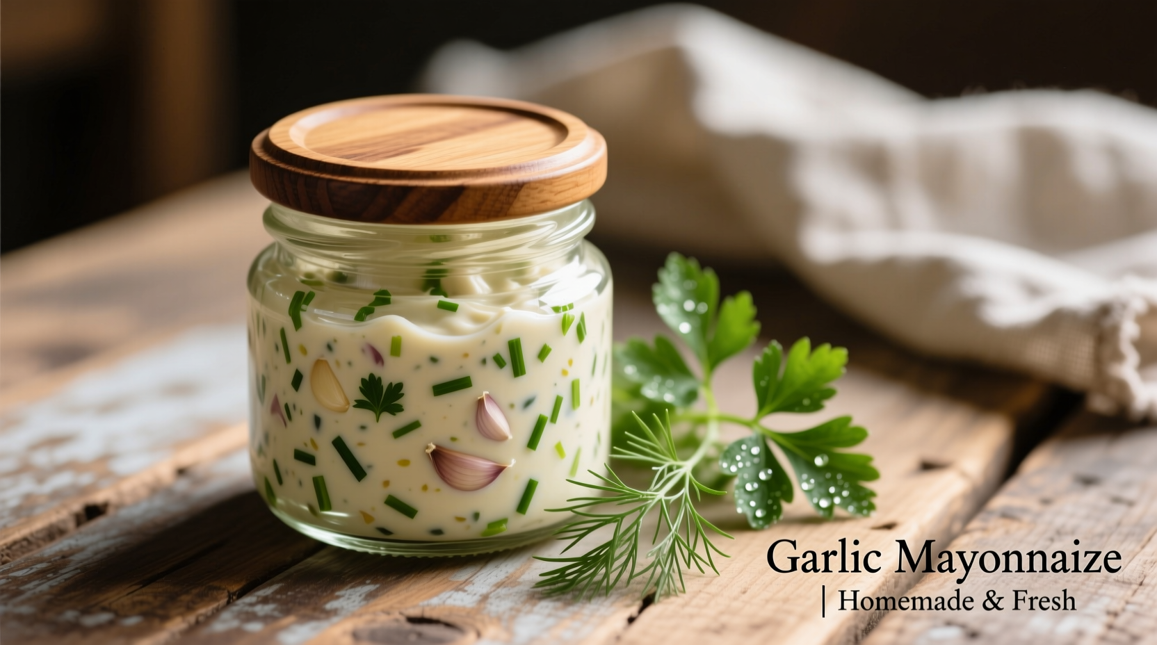 Homemade garlic mayonnaise stored in glass jar with rosemary sprig