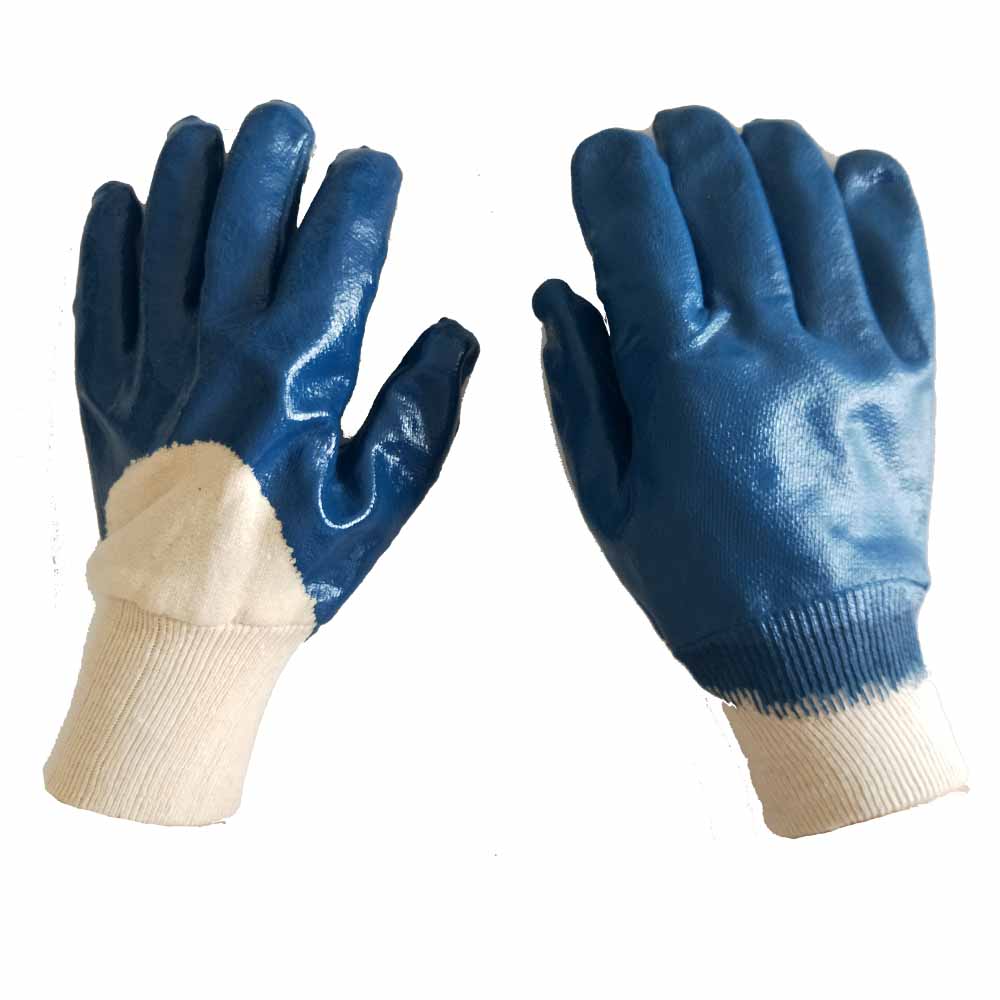 蓝色3/4 丁腈涂层安全工业针织工作手套