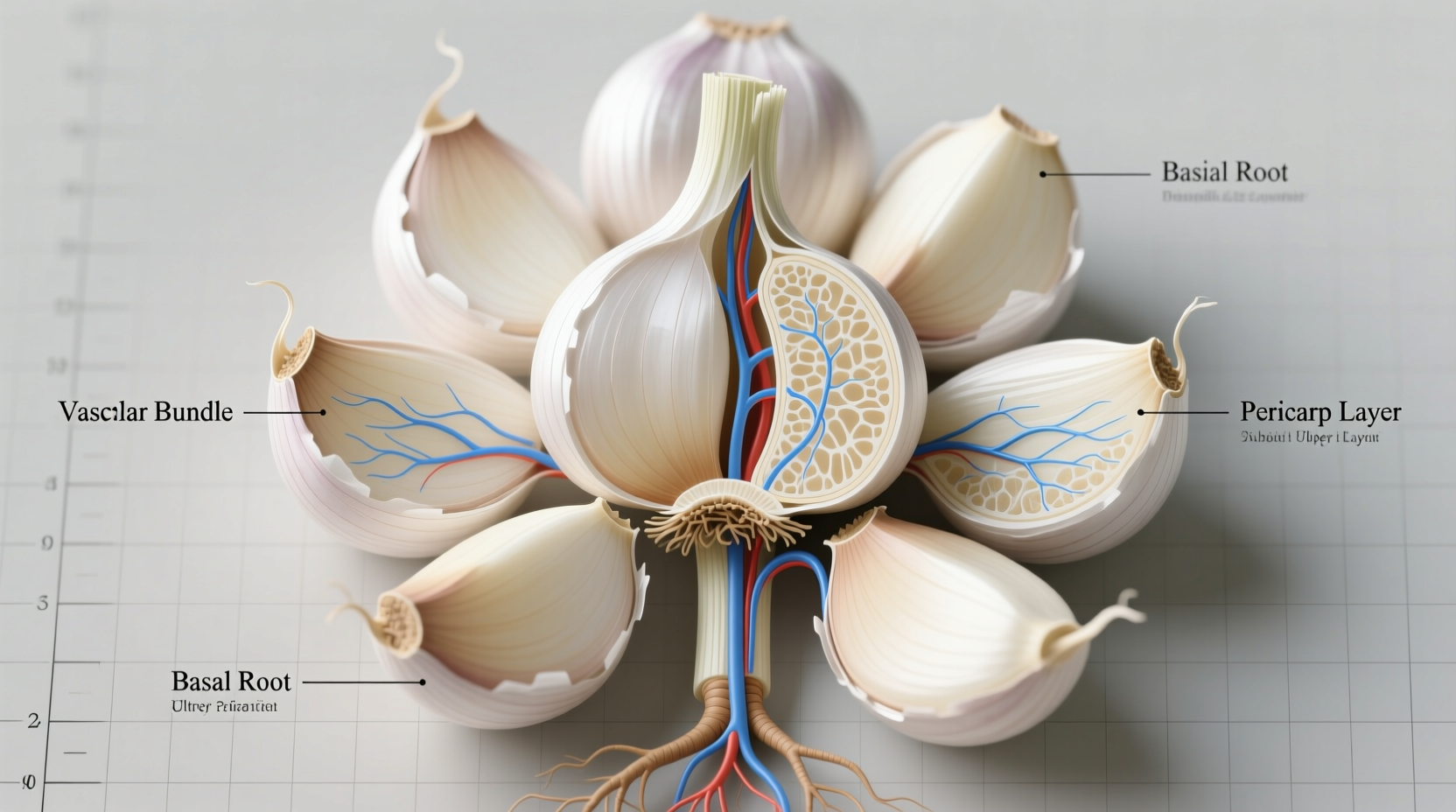 Fresh garlic cloves with scientific diagram