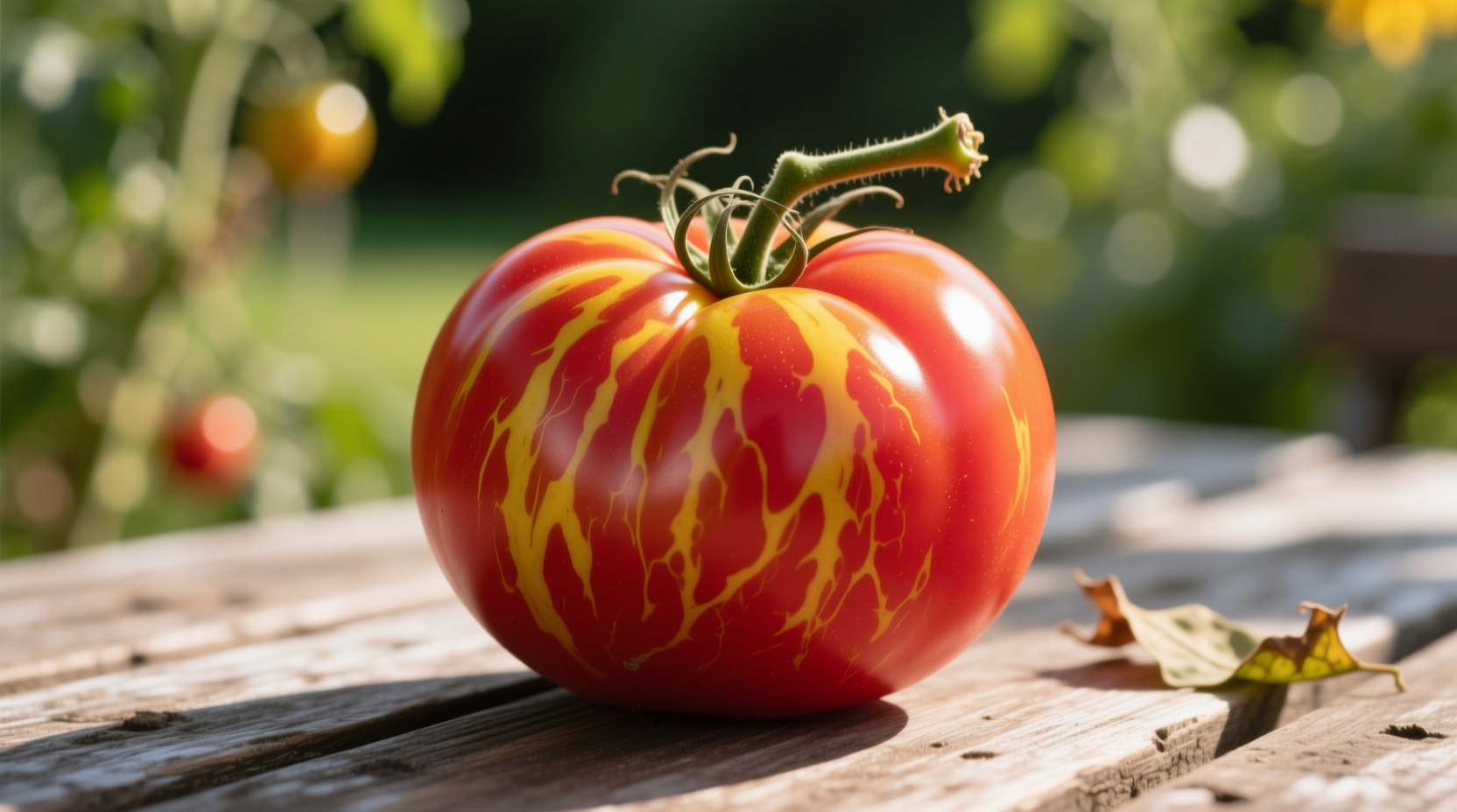 Ripe Mr. Tomato variety showing distinctive red and yellow marbling