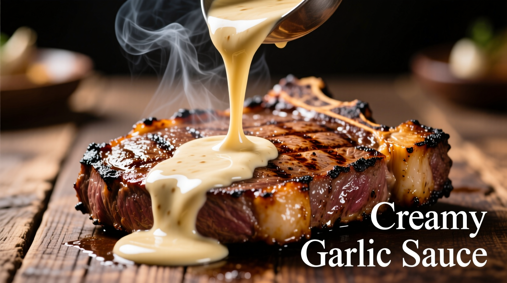 Creamy garlic sauce being poured over grilled steak