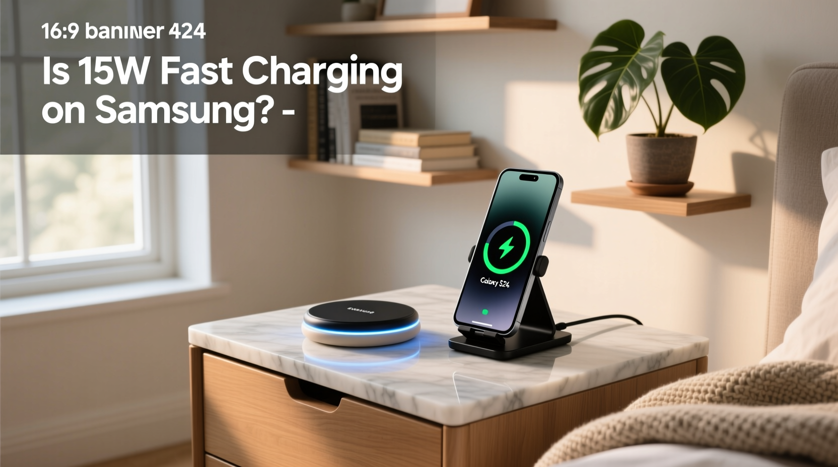 Samsung 15W wireless charger next to smartphone