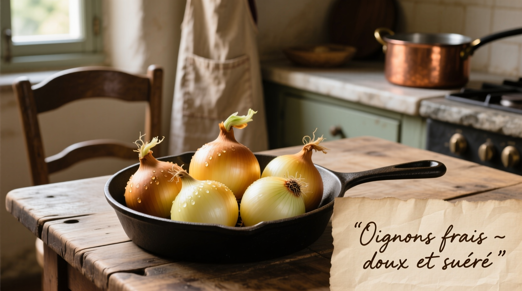 Fresh yellow onions with French culinary terms