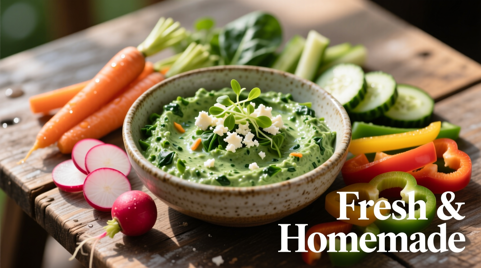 Homemade spinach dip with fresh vegetables