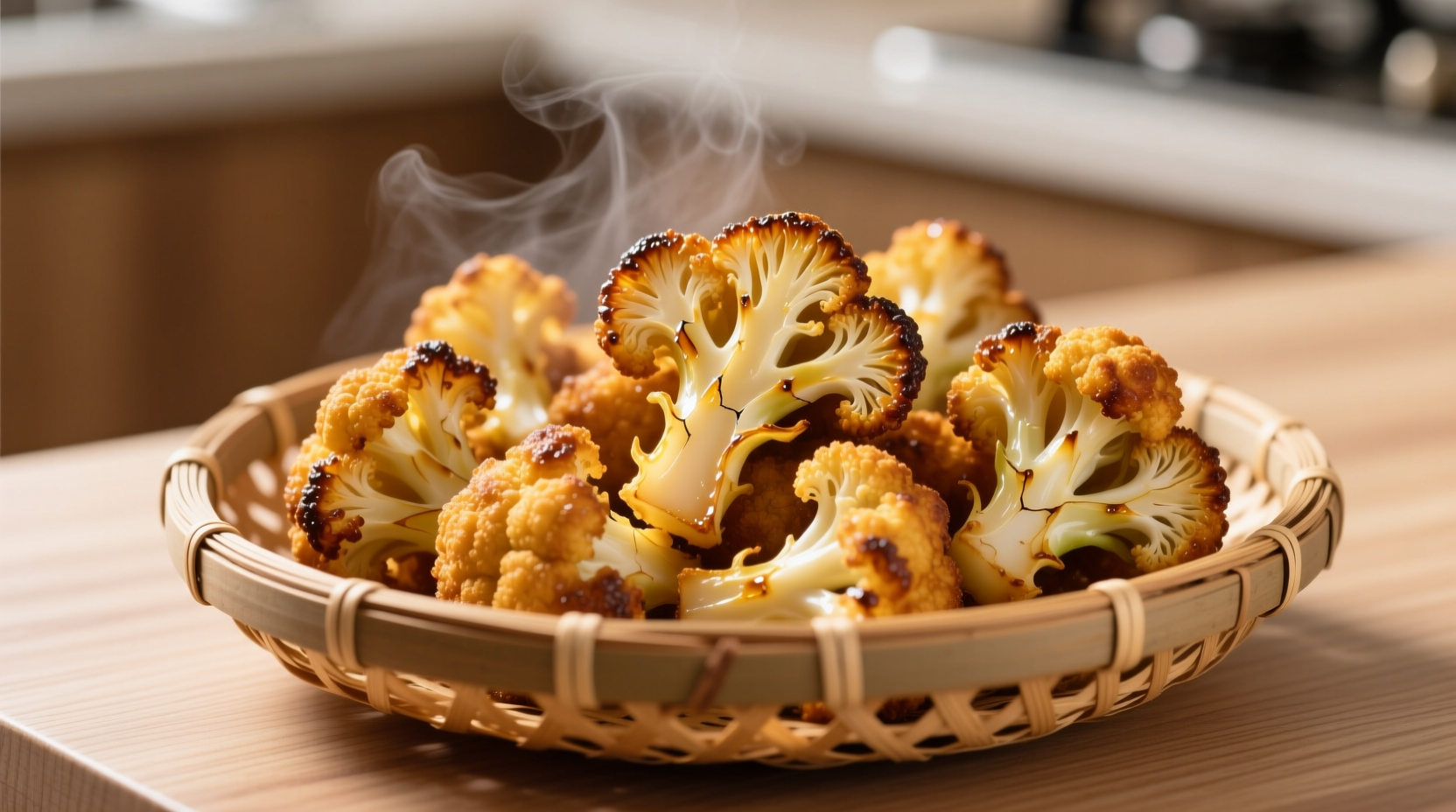Golden brown air fried cauliflower florets in basket