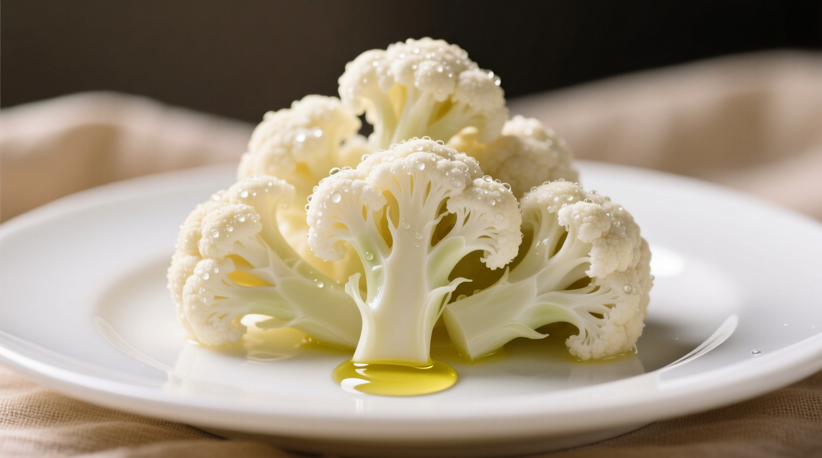 Fresh steamed cauliflower florets on white plate