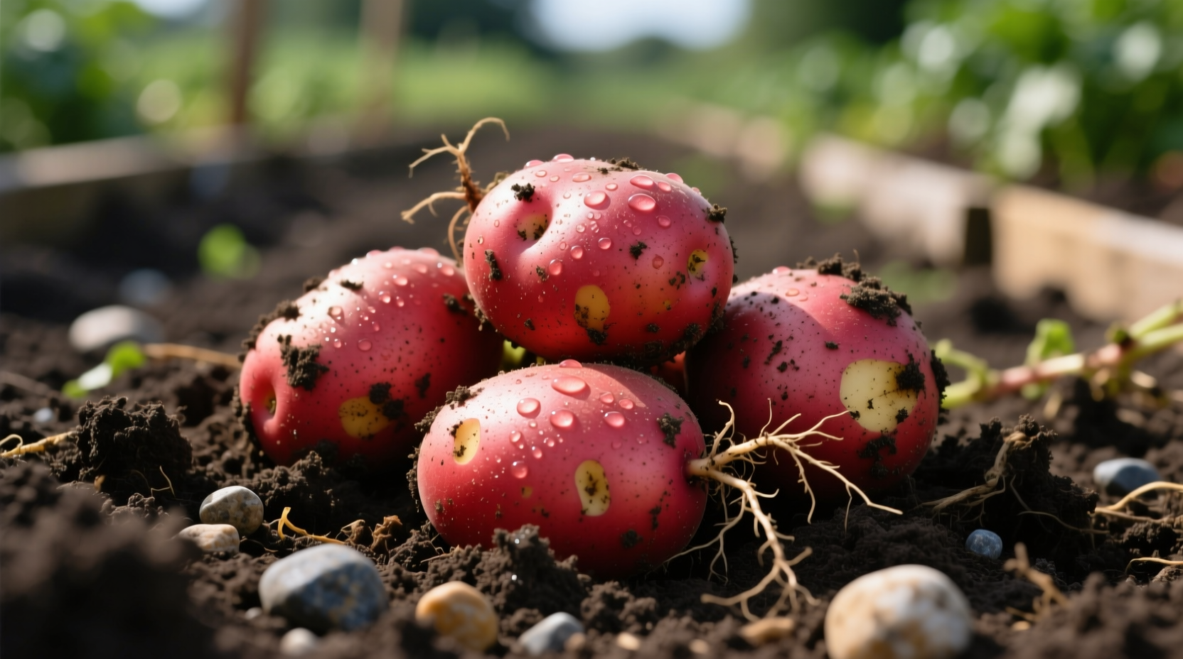 Fresh red norland potatoes in garden soil