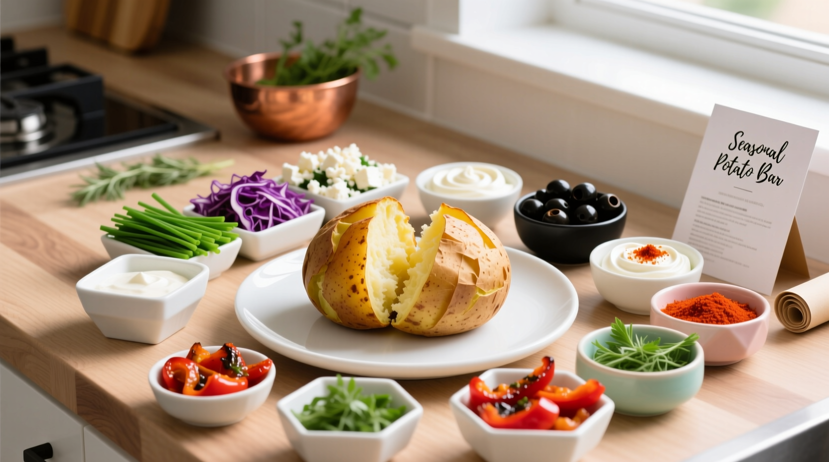 Colorful baked potato bar with various toppings arranged neatly