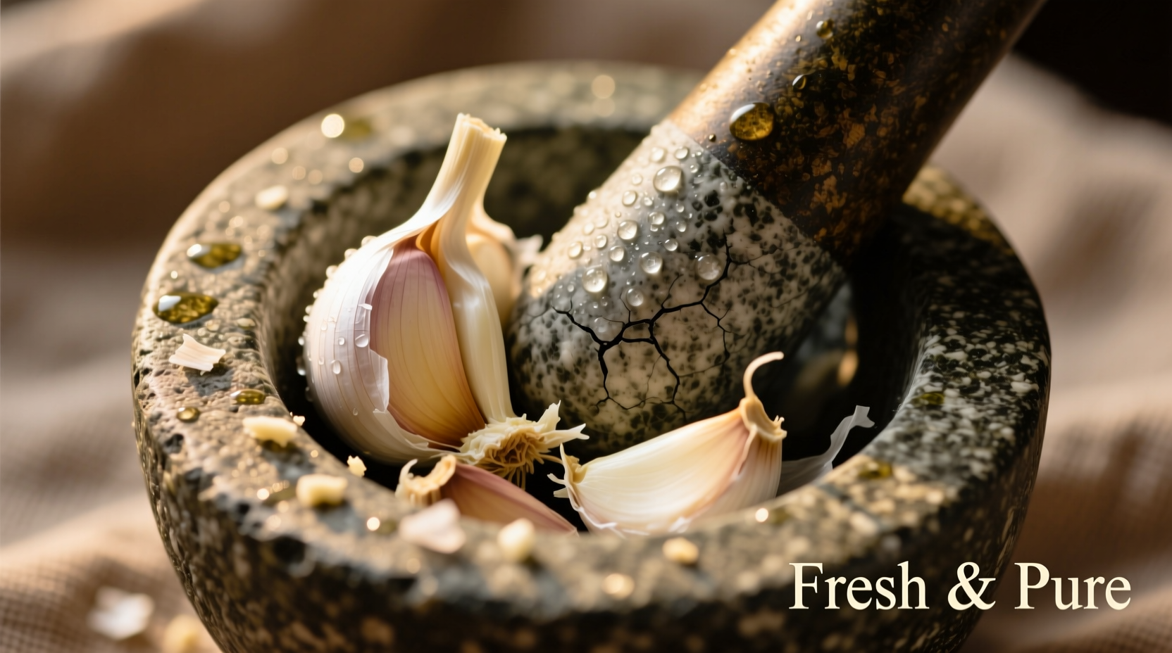 Fresh garlic cloves in mortar and pestle