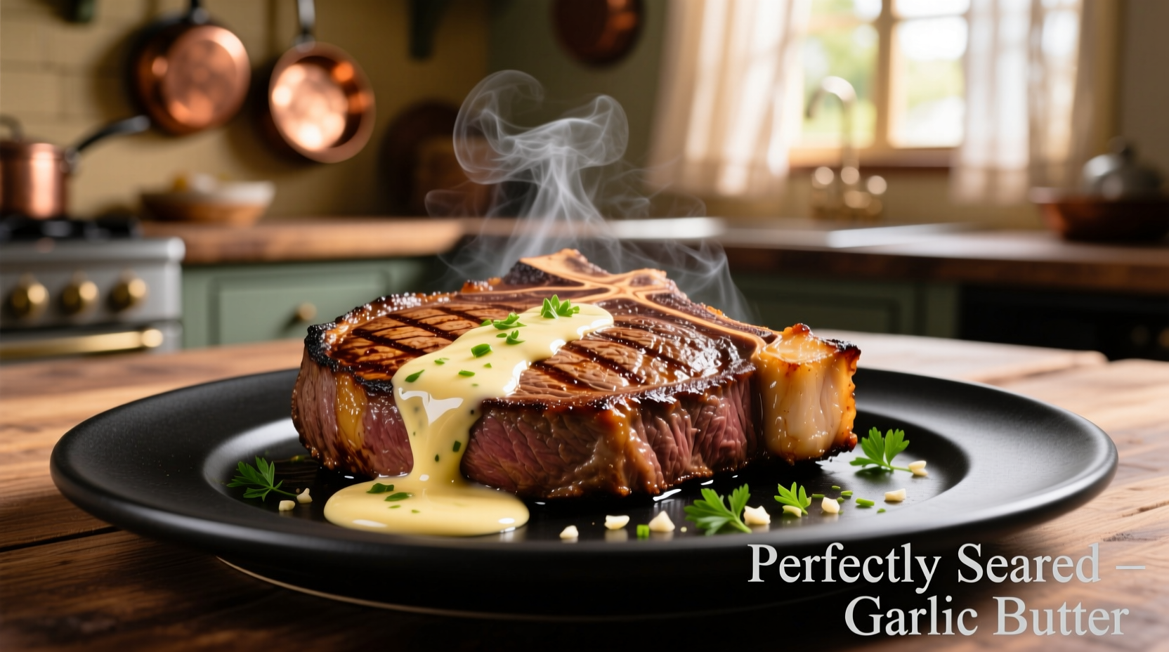 Perfectly seared steak with garlic butter sauce drizzled