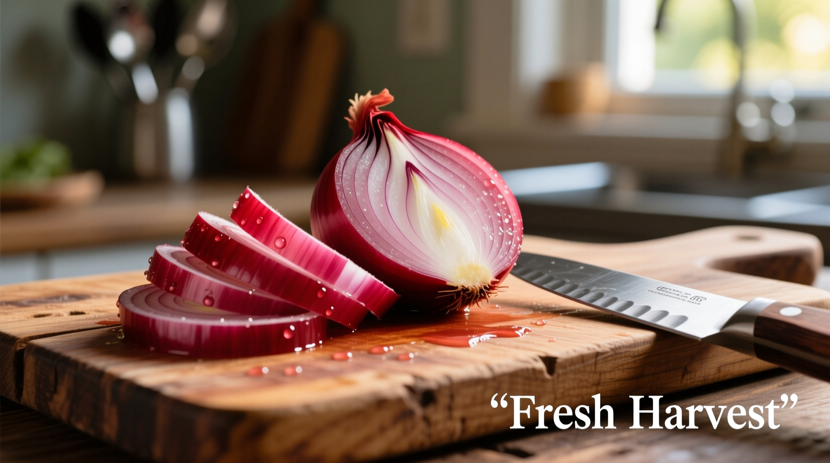 Fresh red onions with sliced pieces on wooden cutting board