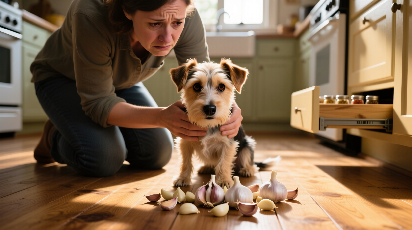Dog owner checking concerned pet near garlic cloves