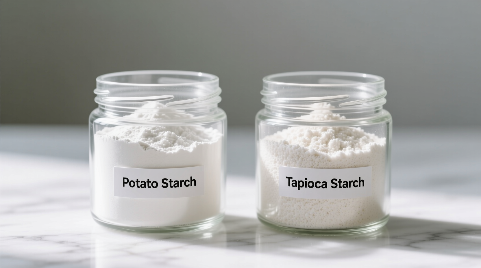 Close-up comparison of potato and tapioca starch in jars