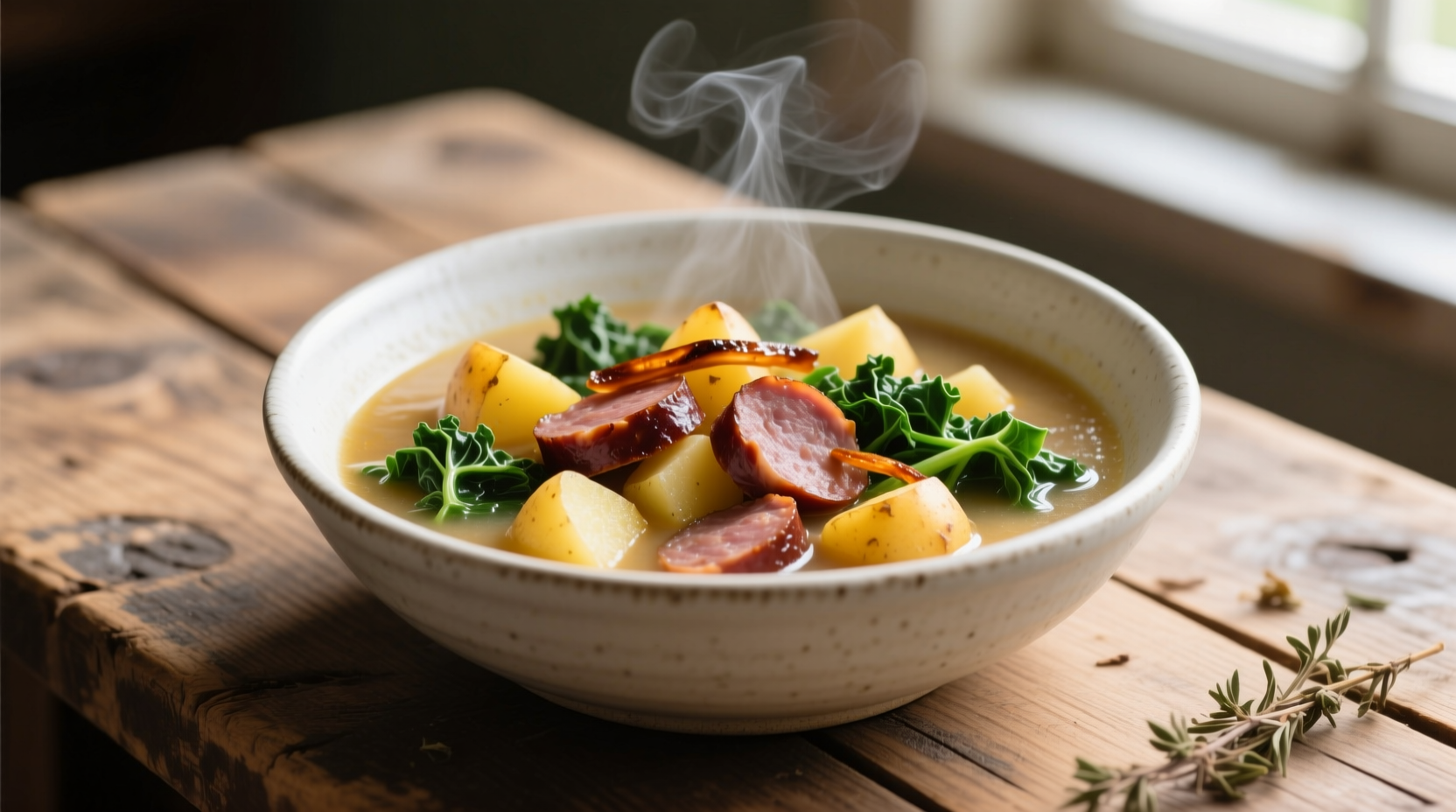 Potato sausage kale soup in white bowl