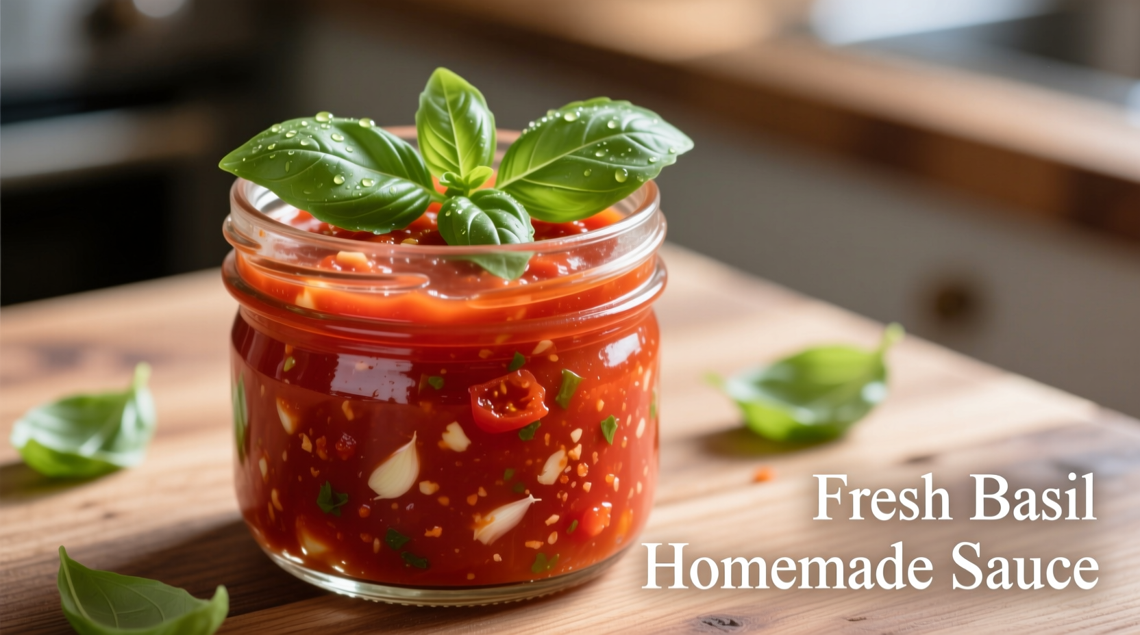 Homemade pizza sauce in mason jar with fresh basil