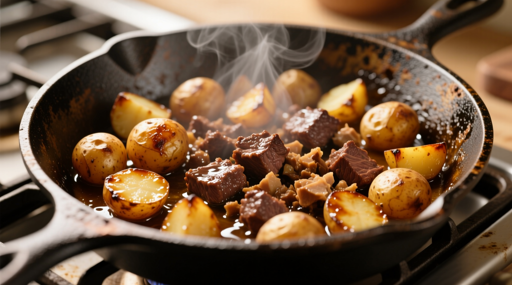 Cast iron skillet with golden brown potatoes and browned ground beef