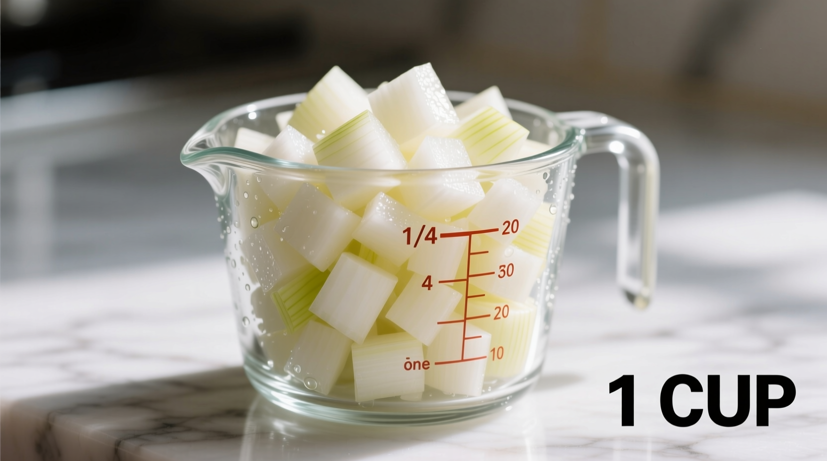 Chopped medium onion measuring exactly one cup in clear measuring cup