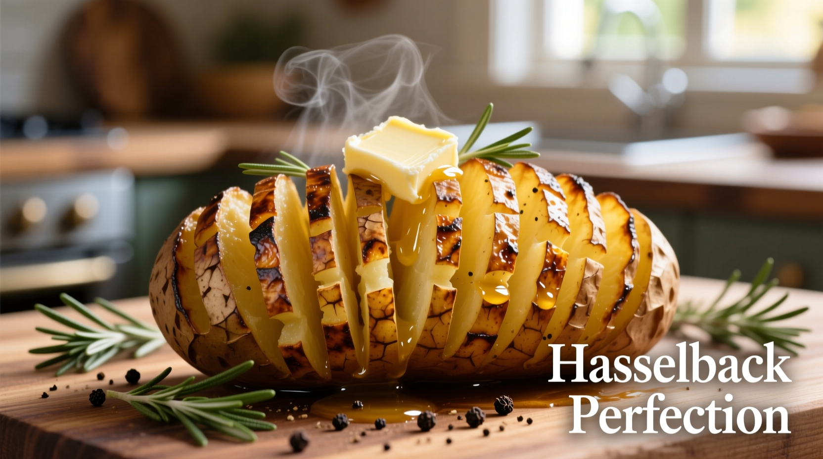 Perfectly sliced hasselback potatoes with crispy edges