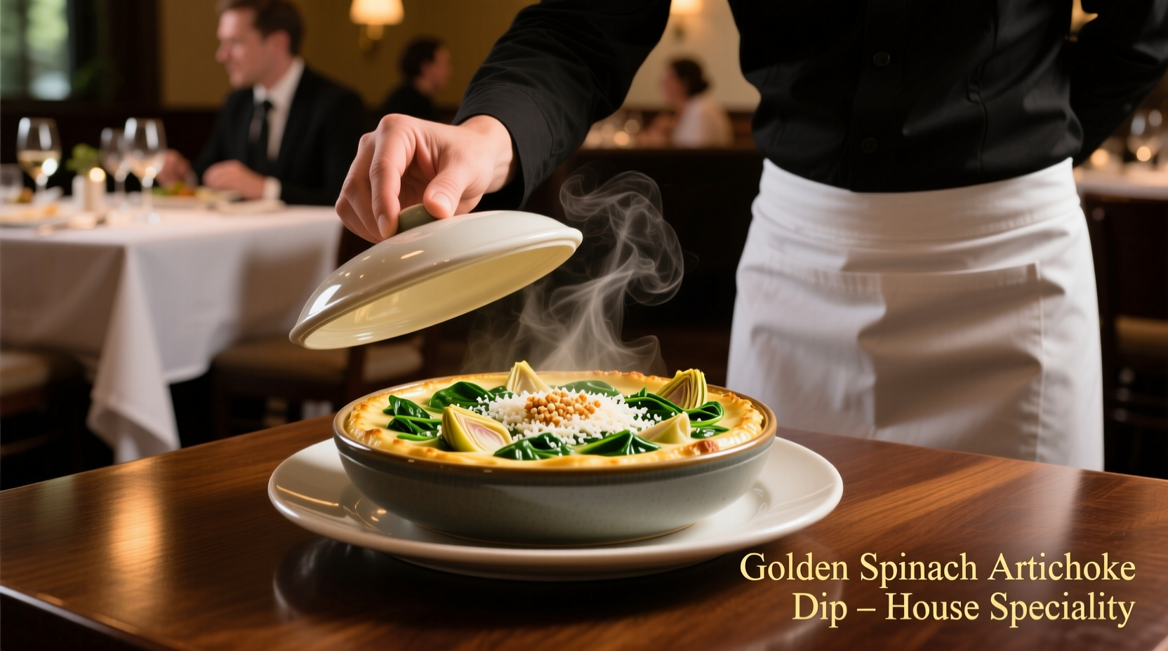 Restaurant server presenting golden spinach artichoke dip