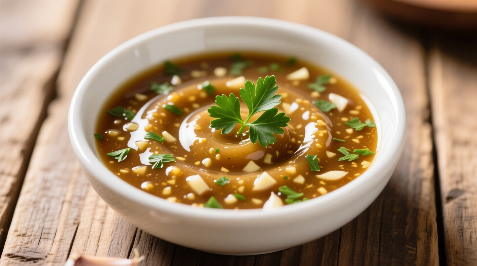 Homemade garlic butter sauce in white bowl with fresh parsley