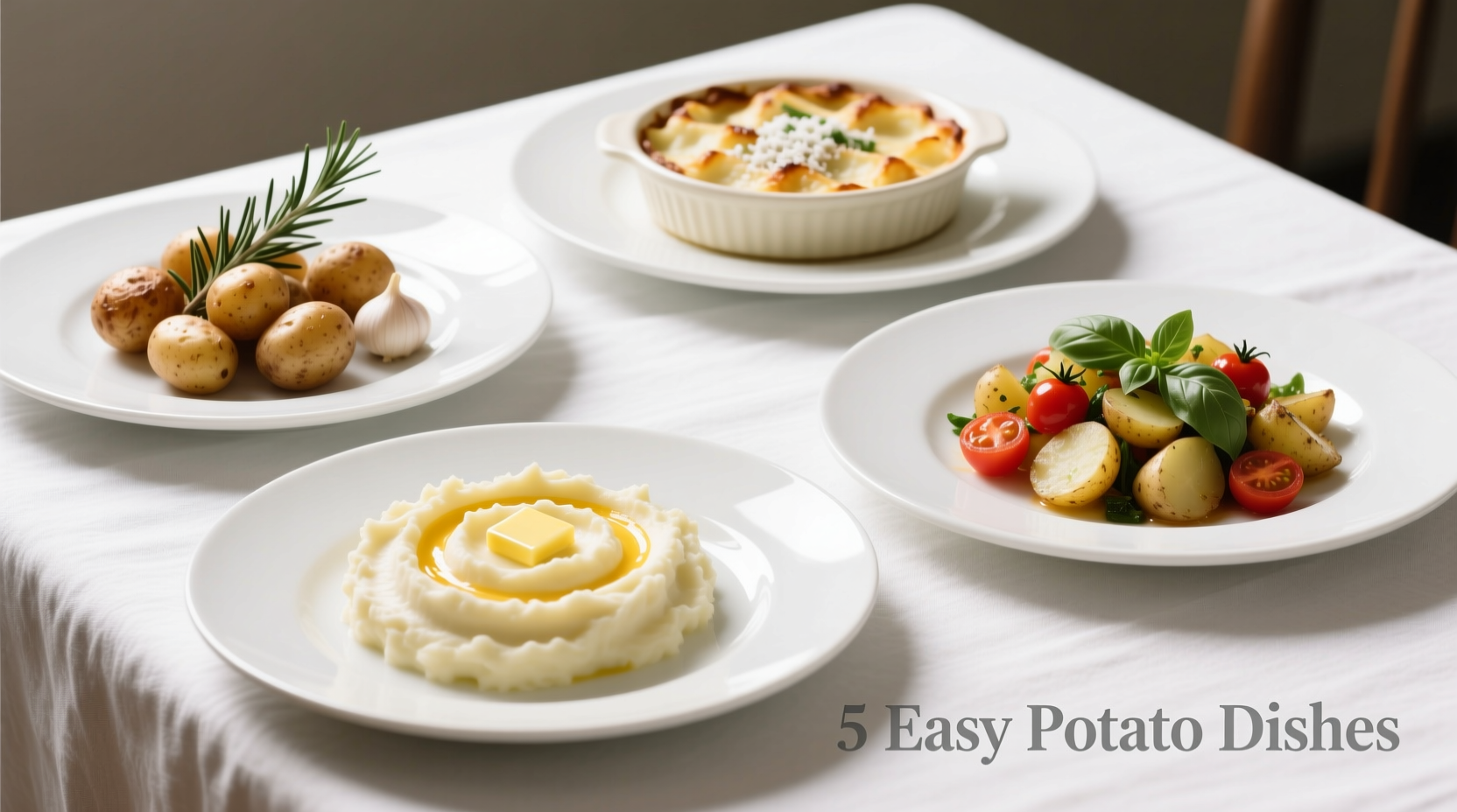 Five easy potato dishes on white plates