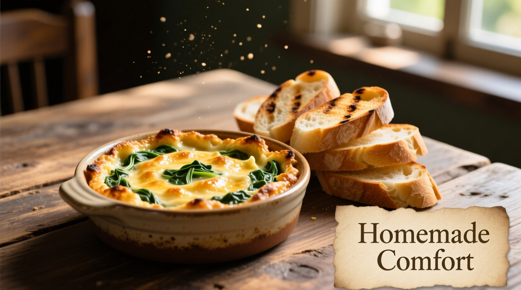Golden baked spinach dip in ceramic dish with toasted baguette