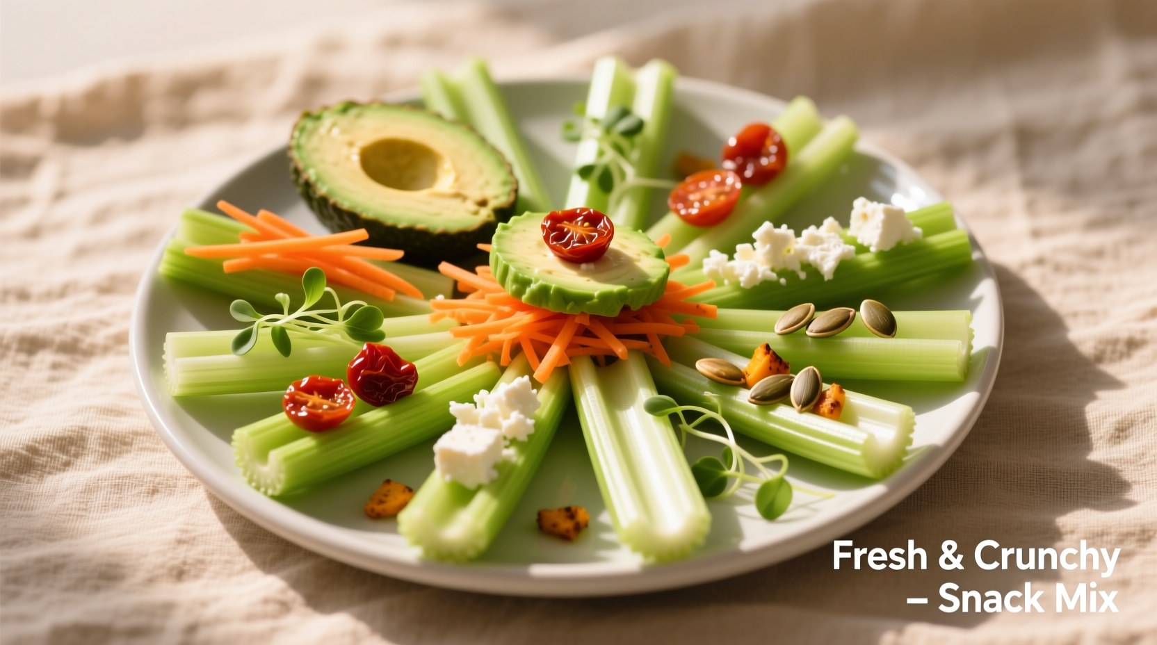 Colorful celery snack preparations with various healthy toppings