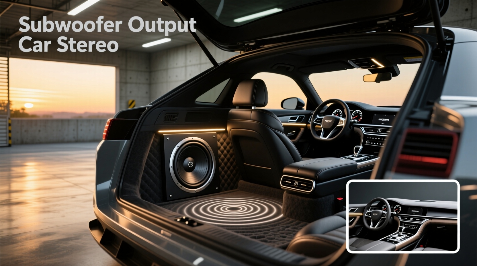 Car stereo rear panel showing subwoofer output RCA jacks labeled SUB OUT
