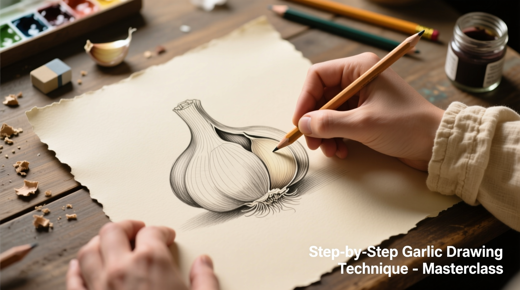 Step-by-step garlic drawing technique demonstration