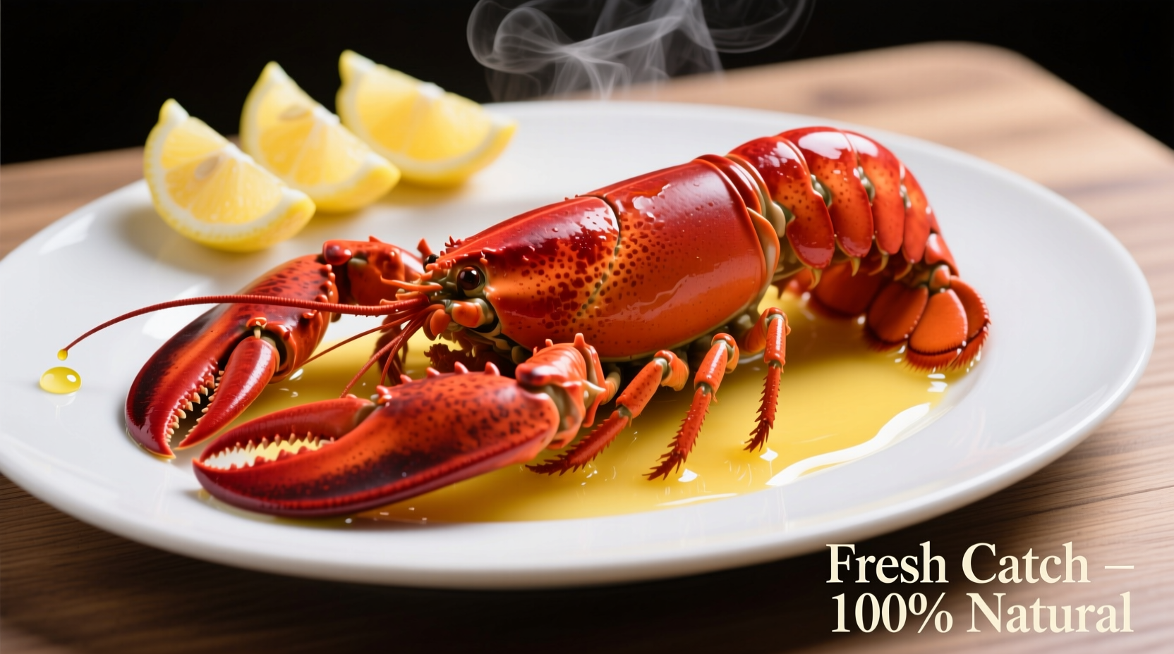 Perfectly cooked lobster with melted butter and lemon wedges