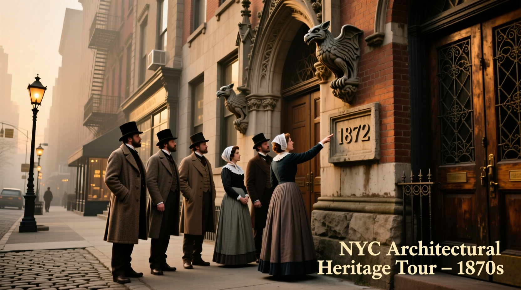 Historical walking tour group examining NYC architecture