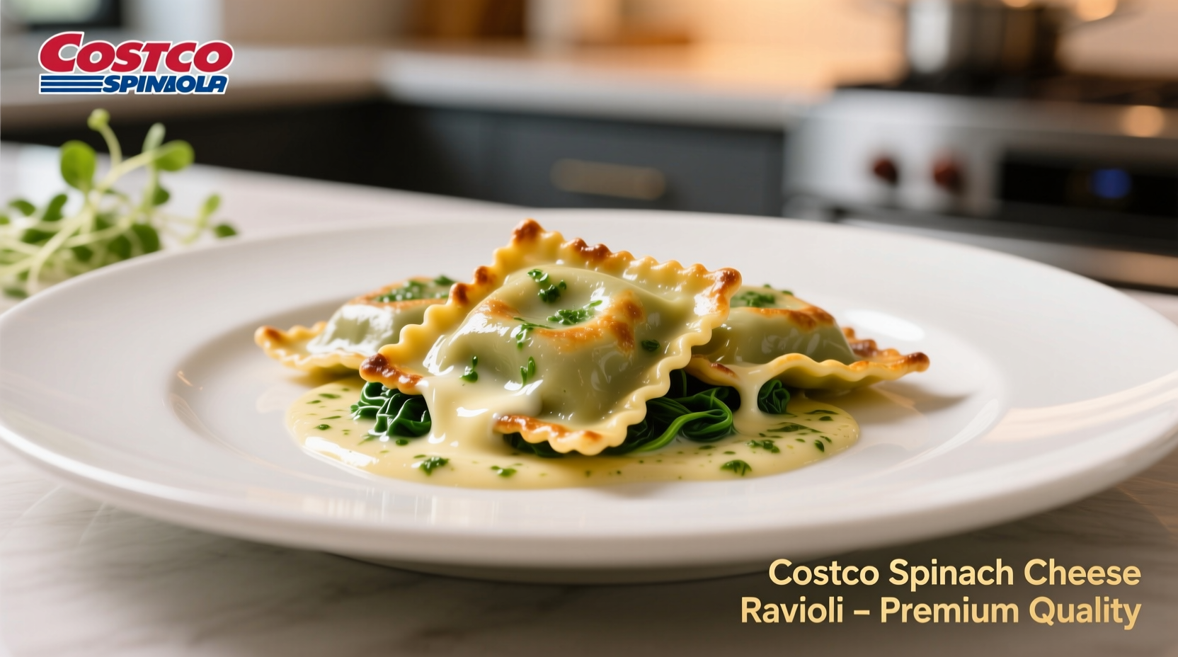 Costco spinach cheese ravioli plated with sauce