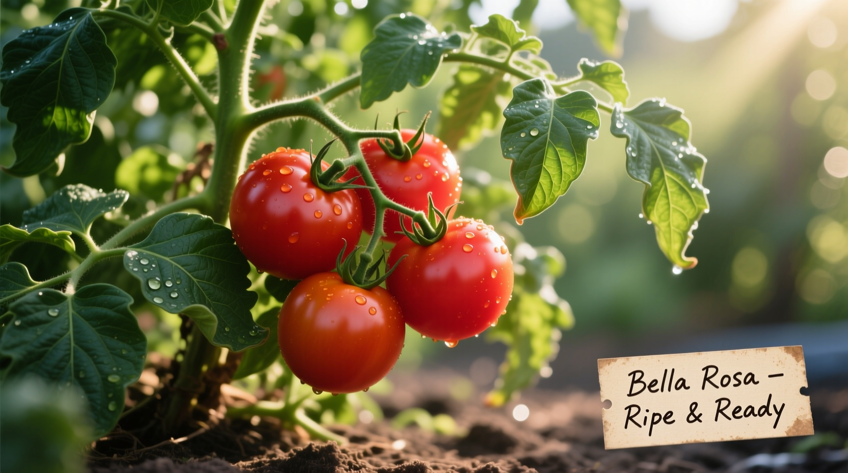 Ripe Bella Rosa tomatoes on vine with healthy foliage
