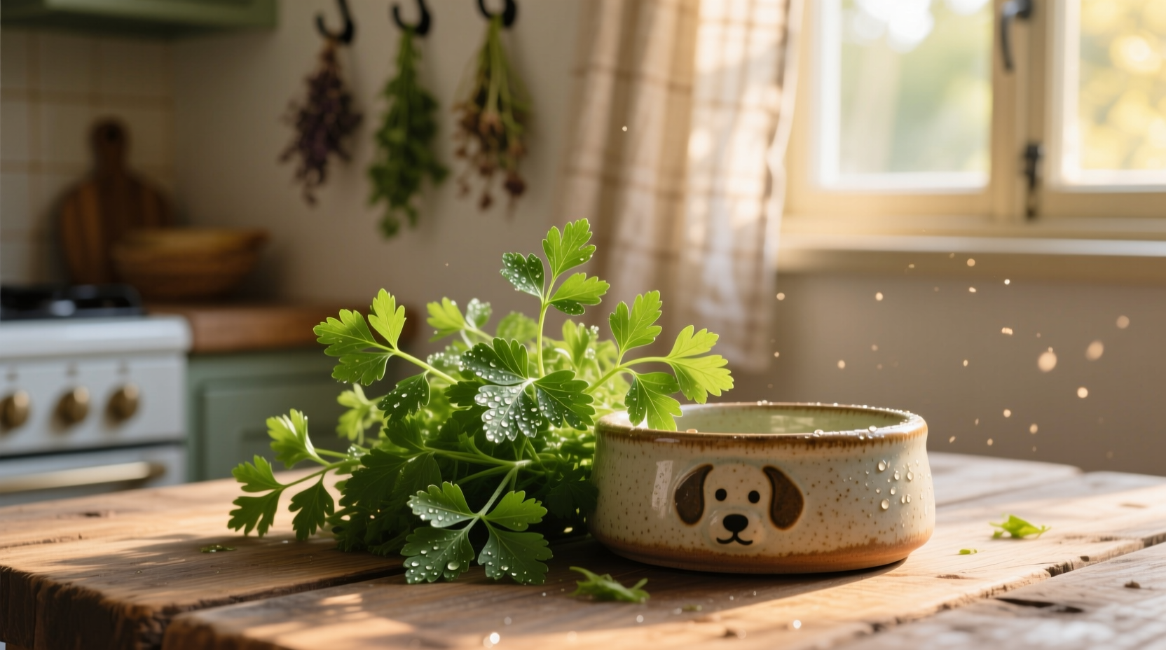 Fresh parsley sprigs next to dog bowl