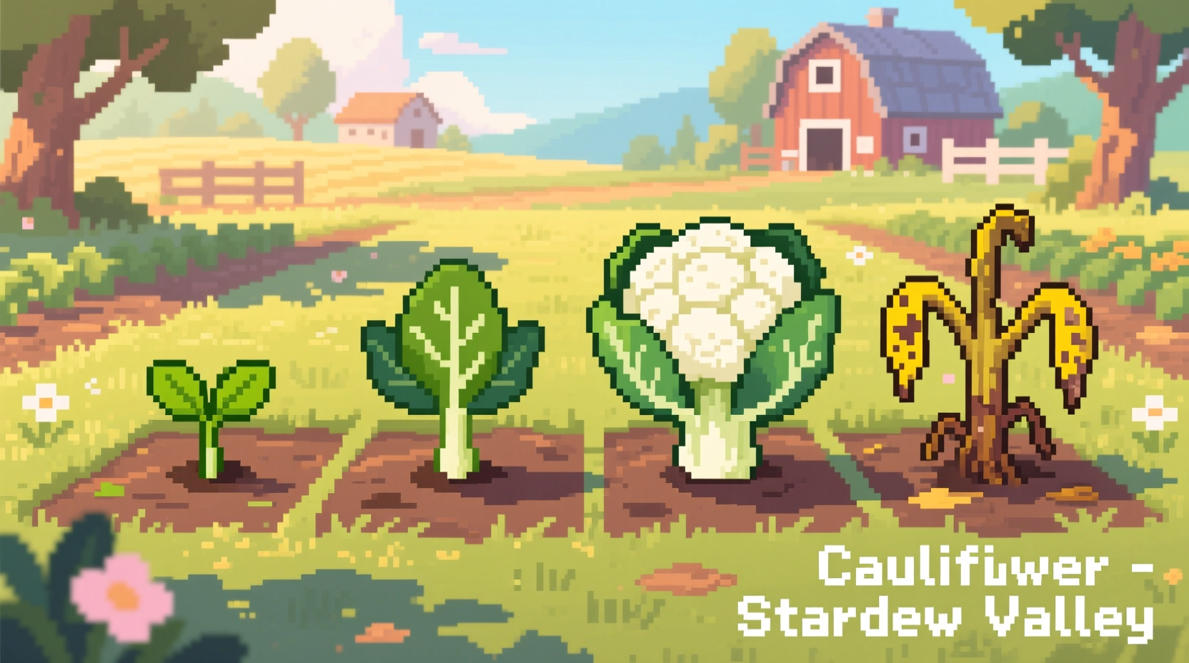 Stardew Valley cauliflower crop in various quality stages