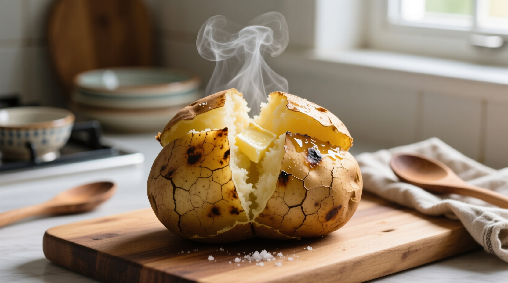 Perfectly cooked microwave jacket potato with steam rising