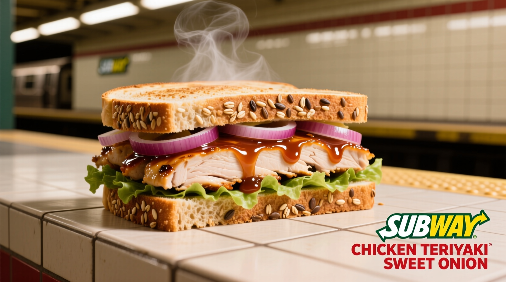 Subway Chicken Teriyaki Sweet Onion sandwich on nine-grain bread
