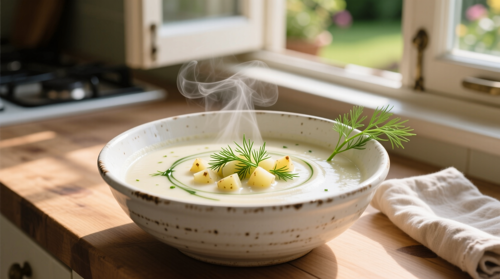 Creamy potato dill soup in white bowl with fresh dill garnish