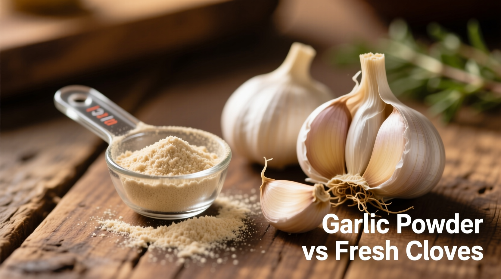 Garlic powder measurement next to fresh cloves
