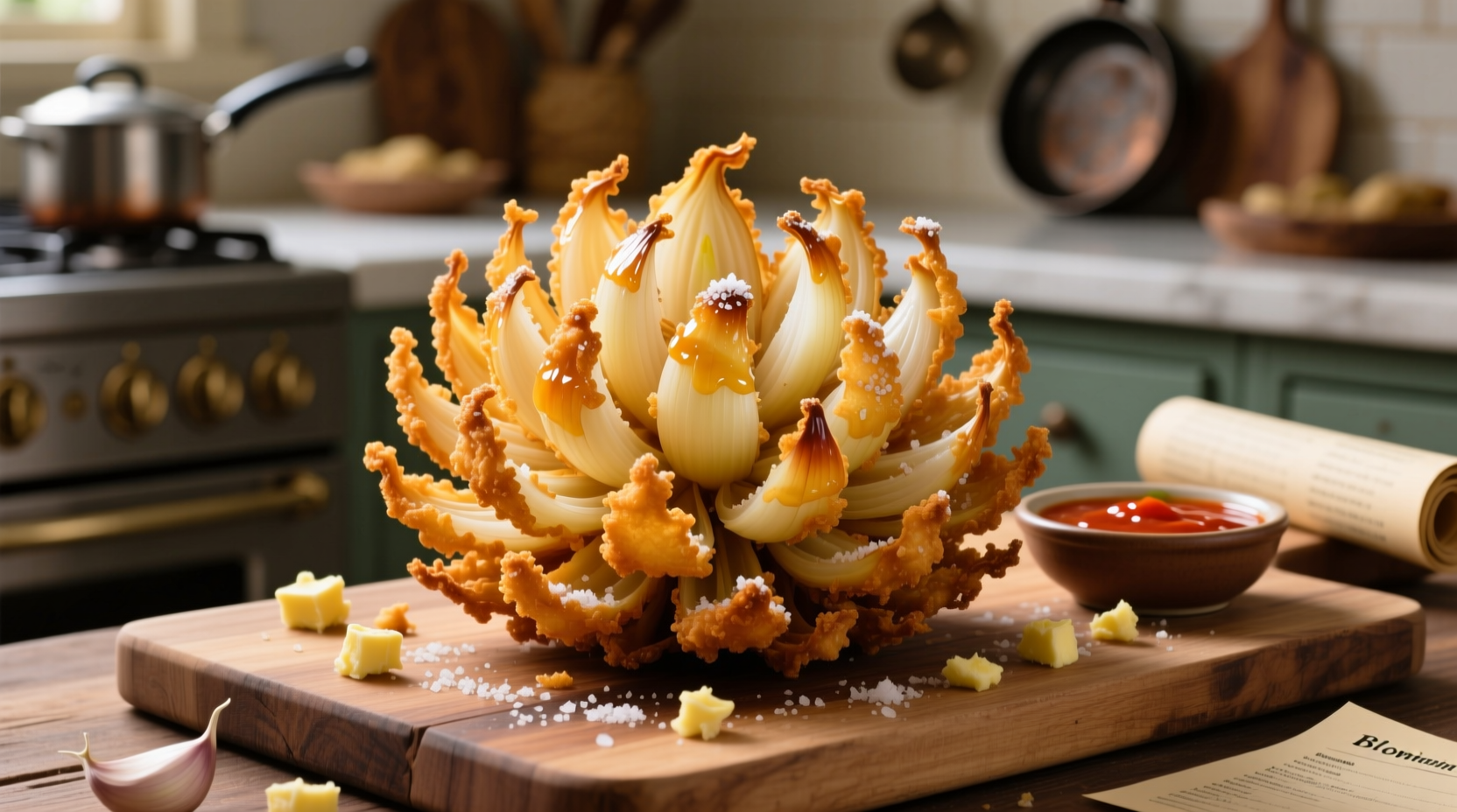 Homemade bloomin onion with golden batter