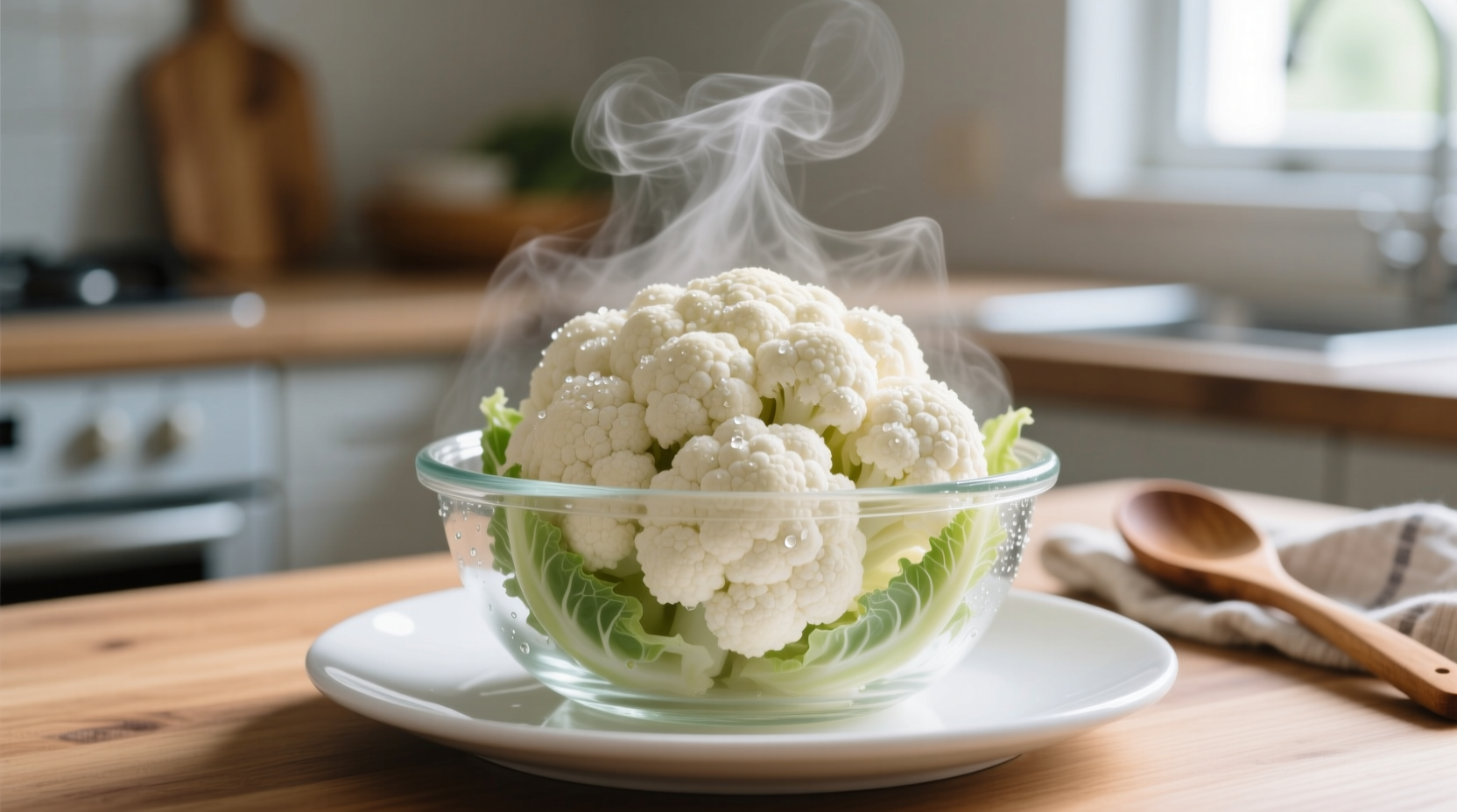 Fresh cauliflower florets steaming in microwave-safe bowl